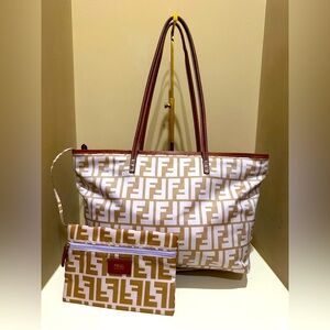 Fendi Zucca Shopping Roll Tote w/COA card, White,Tan, purple, Logo Tote w/Pouch